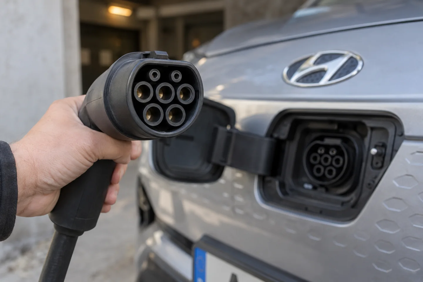Detalle de la conexión de carga de un coche eléctrico, escena ilustrativa