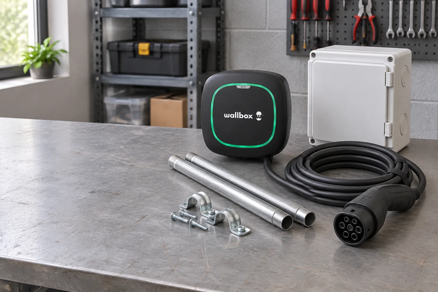 Cargador, cableado y materiales previstos para una instalación, escena ilustrativa