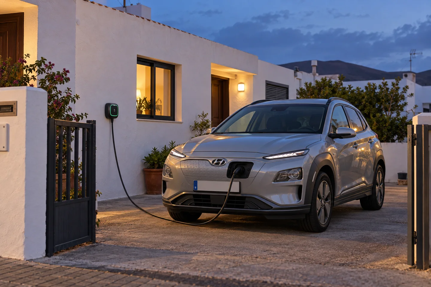 Coche eléctrico conectado al cargador de una vivienda de noche, escena ilustrativa